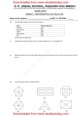Worksheets For Class 4 Maths with Practice papers