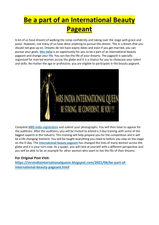 Be a part of an International Beauty Pageant