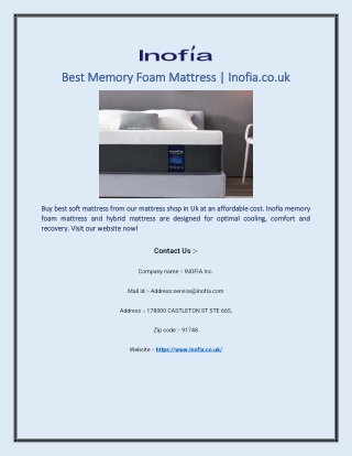 Best Memory Foam Mattress | Inofia.co.uk