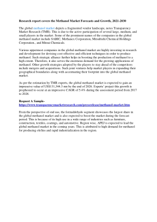 Research report covers the Methanol Market Forecasts and Growth, 2021-20