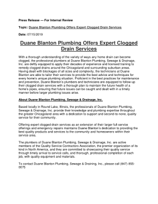 Duane Blanton Plumbing Offers Expert Clogged Drain Services