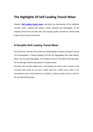 Highlights of  Self Loading Transit Mixer