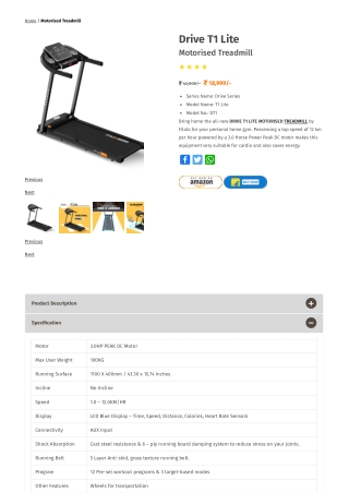 Buy Fitalo Drive T1 Lite (1.5 HP) Motorised Treadmill Online in India