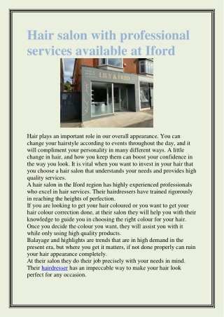 Hair salon with professional services available at Iford