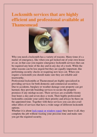 Locksmith services that are highly efficient and professional available at Thamesmead