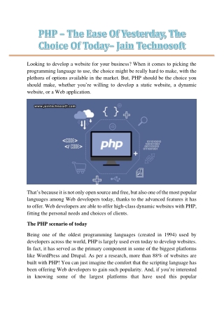 PHP – The Ease Of Yesterday, The Choice Of Today– Jain Technosoft