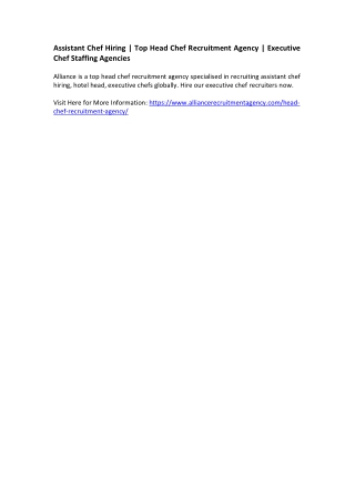 Assistant Chef Hiring - Top Head Chef Recruitment Agency - Executive Chef Staffing Agencies