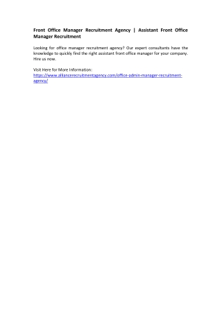 Front Office Manager Recruitment Agency - Assistant Front Office Manager Recruitment