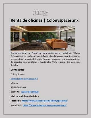 Renta de oficinas | Colonyspaces.mx