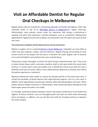 Visit an Affordable Dentist for Regular Oral Checkups in Melbourne