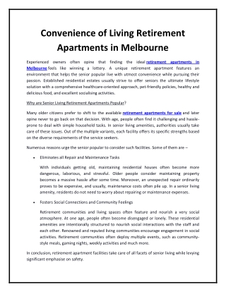 Convenience of Living Retirement Apartments in Melbourne