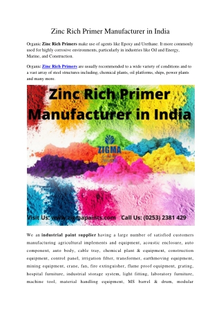 Zinc Rich Primer Manufacturer in India
