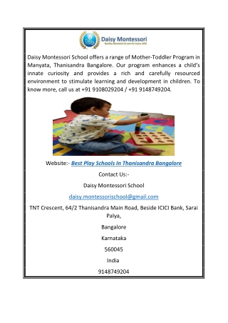 Best Play Schools In Thanisandra Bangalore | Daisy Montessori School