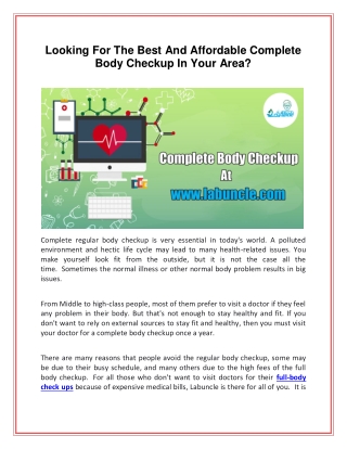 Looking For The Best And Affordable Complete Body Checkup In Your Area?