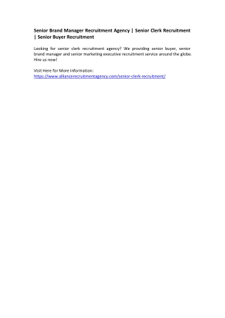 Senior Brand Manager Recruitment Agency - Senior Clerk Recruitment - Senior Buyer Recruitment