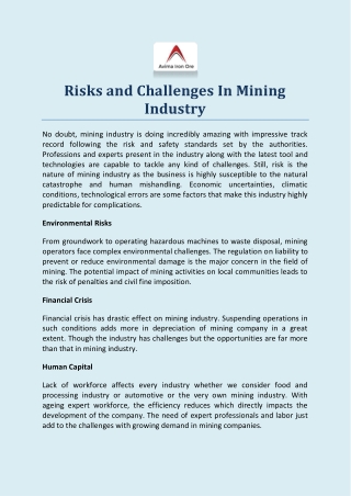 Risks and Challenges In Mining Industry