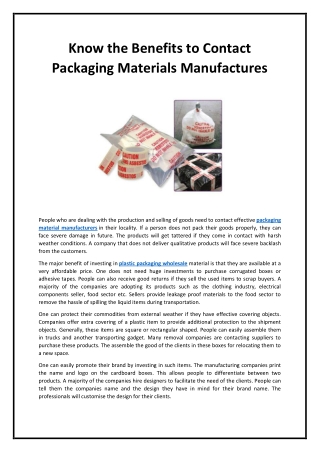 Know the Benefits to Contact Packaging Materials Manufactures