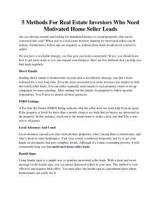 5 Methods For Real Estate Investors Who Need Motivated Home Seller Leads