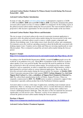 Activated Carbon Market:Predicted To Witness Steady Growth During The Forecast P