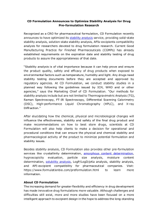 CD Formulation Announces to Optimize Stability Analysis for Drug Pre-formulation Research