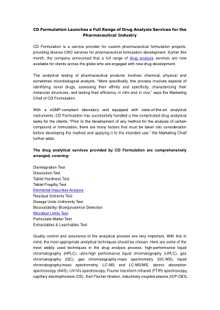 CD Formulation Launches a Full Range of Drug analysis Services for the Pharmaceu