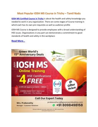 Most Popular IOSH MS Course in Trichy – Tamil Nadu