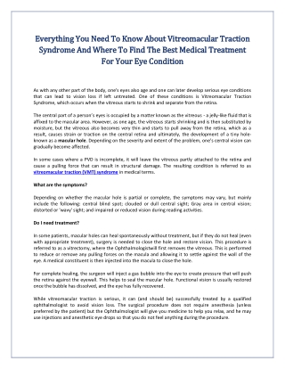 Everything You Need To Know About Vitreomacular Traction Syndrome And Where To Find The Best Medical Treatment