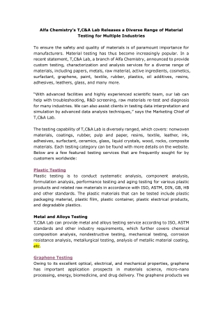 Alfa Chemistry's T,C&A Lab Releases a Diverse Range of Material Testing for Multiple Industries