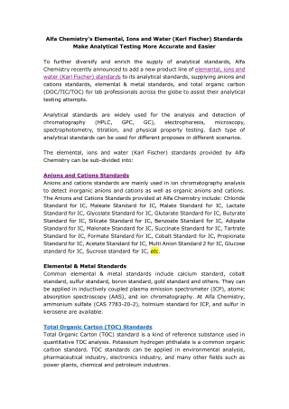 Alfa Chemistry's Elemental, Ions and Water (Karl Fischer) Standards Make Analytical Testing More Accurate and Easier