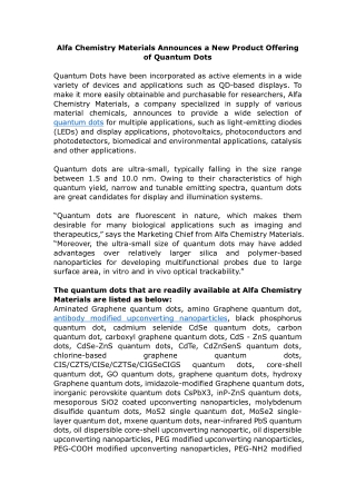 Alfa Chemistry Materials Announces a New Product Offering of Quantum Dots