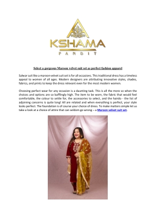 Select a gorgeous Maroon velvet suit set as perfect fashion apparel