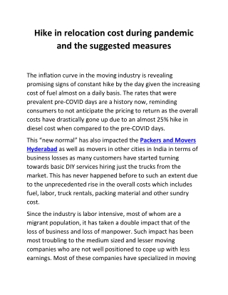 Hike in relocation cost during pandemic and the suggested measures