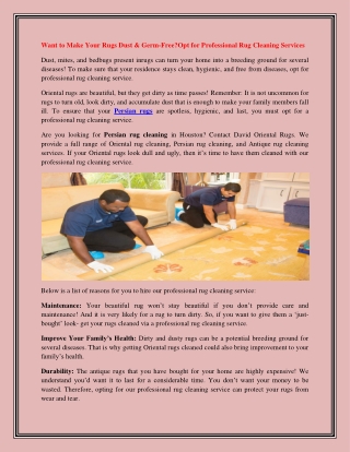 Want to Make Your Rugs Dust & Germ-FreeOpt for Professional Rug Cleaning Services