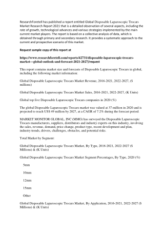 Disposable Laparoscopic Trocars Market Expectations and Growth Trends Highlighted Until 2027