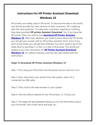 Instructions For HP Printer Assistant Download Windows 10