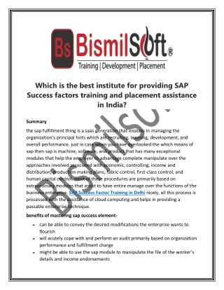 Which is the best institute for providing SAP Success factors training and placement assistance in India