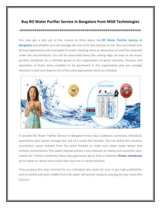 Buy RO Water Purifier Service in Bangalore from MGR Technologies