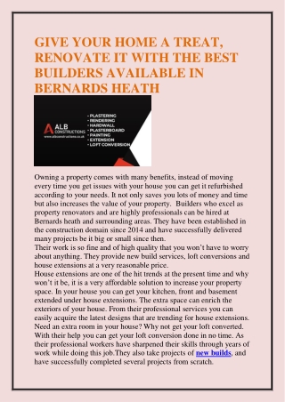 GIVE YOUR HOME A TREAT, RENOVATE IT WITH THE BEST BUILDERS AVAILABLE IN BERNARDS HEATH