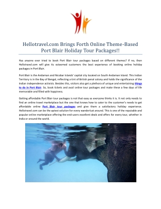 Hellotravel.com Brings Forth Online Theme-Based Port Blair Holiday Tour