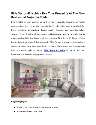 Birla Sector 43 Noida - Live Your Dreamlife At The New Residential Project In Noida