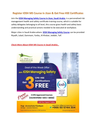 Register IOSH MS Course in Jizan & Get Free HSE Certificates