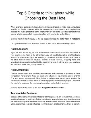 Top 5 Criteria to think about while Choosing the Best Hotel