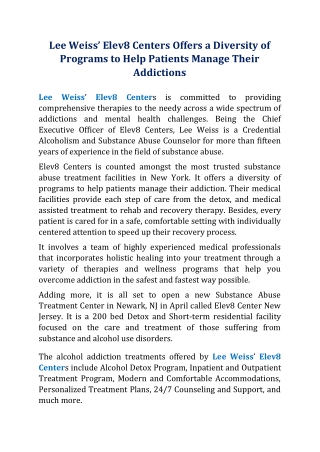 Lee Weiss’ Elev8 Centers Offers a Diversity of Programs to Help Patients Manage Their Addictions