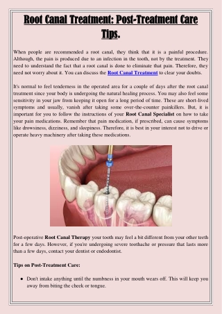 Root Canal Treatment Post Treatment Care Tips