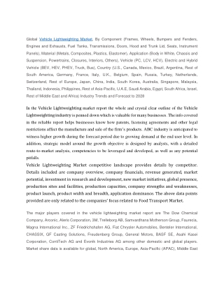 Vehicle Lightweighting Market Size, Reports, Demands, Share - Forecast 2028
