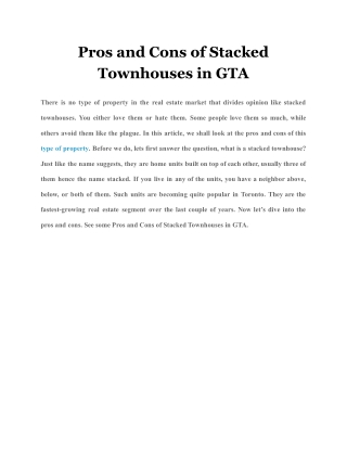 Pros and Cons of Stacked Townhouses in GTA
