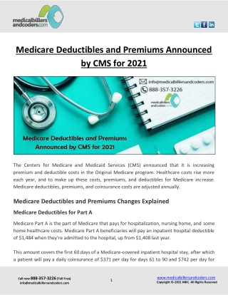 Medicare Deductibles and Premiums Announced by CMS for 2021