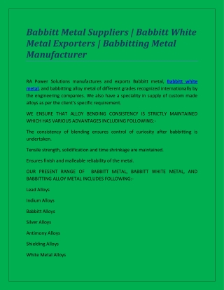 Babbitt Metal Suppliers | Babbitt White Metal Exporters