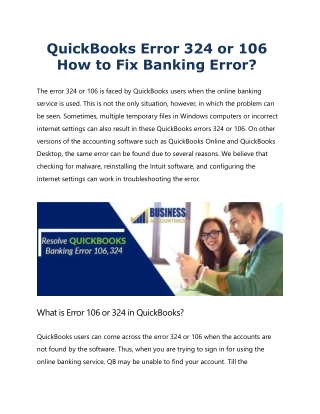 How to fix Banking error code 324 or 106 on QuickBooks?