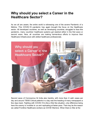Why should you select a Career in the Healthcare Sector?